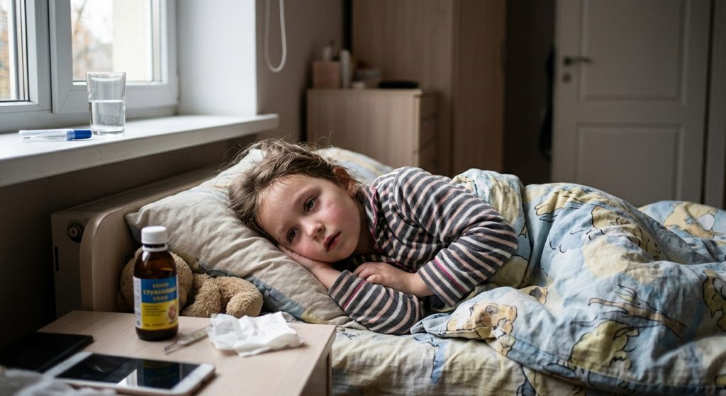 стетоскоп, флакон вакцини та медична маска на дерев'яному столі під м'яким світлом