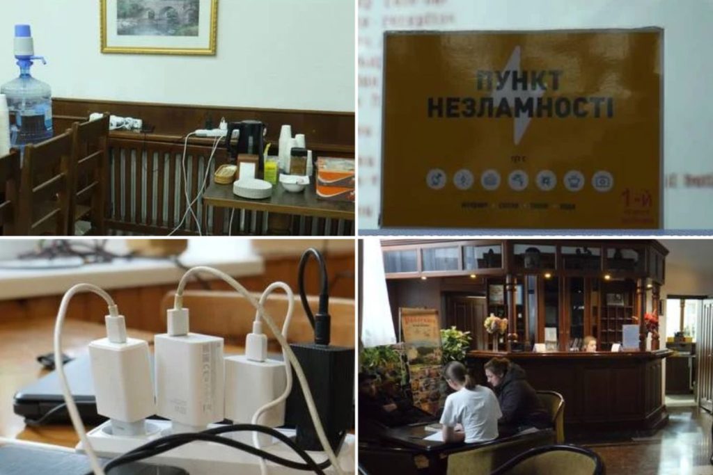 символічна сцена з портативним генератором, ємністю для води, термоодіялом і мапою на дерев'яному столі, без людей