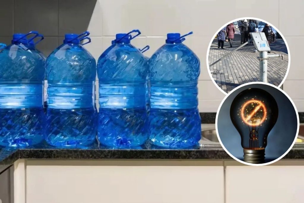 Портативний генератор поруч із ємностями для води та міською водопробкою на тротуарі ввечері, без людей