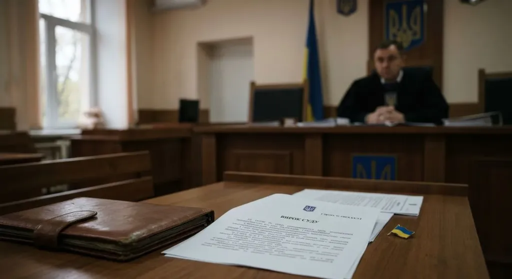 символічна натюрморт: молоток судді поруч із згорнутими гривнями та порожнім документом