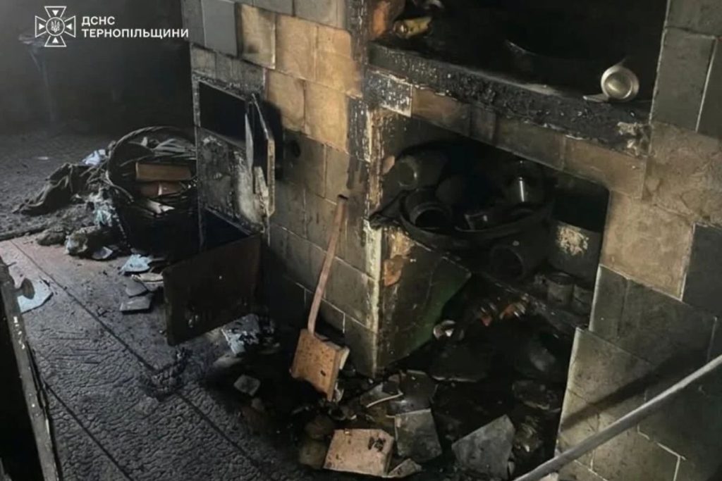 символічна сцена: котел, розлита каністра бензину, обгорілі рукавички та дитячий одяг на підлозі