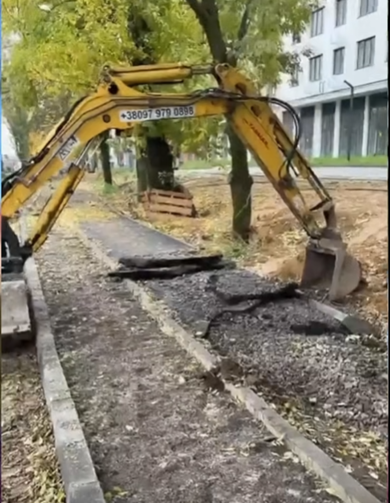 крупний план вуличних дерев із захистом та будівельним обладнанням поруч, без облич людей