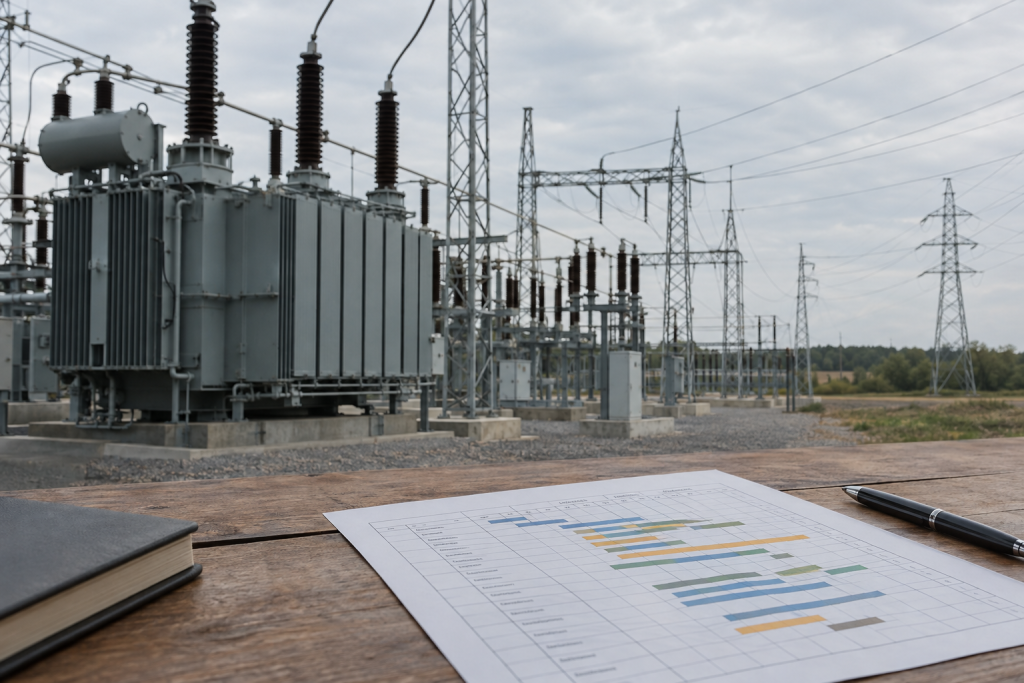 символічна сцена з електрообладнанням, лініями електропередач і паперовим графіком відключень