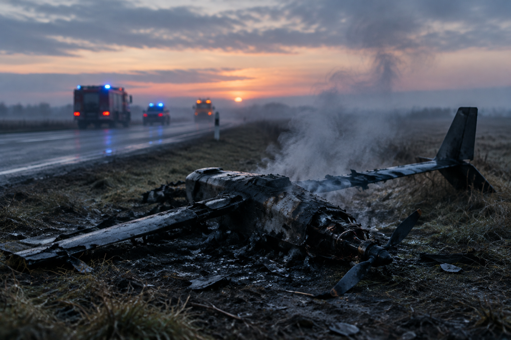 обвуглений уламок безпілотника біля дороги на світанку, дим і силуети служб на задньому плані