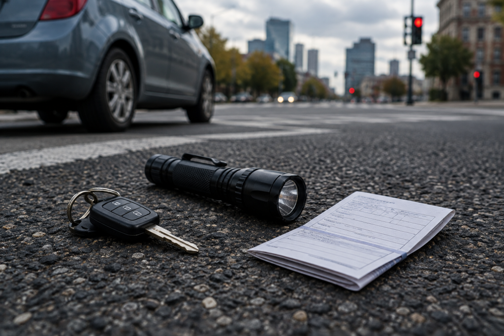 символічна сцена: ключі від авто, ліхтар поліції та складений протокол на асфальті