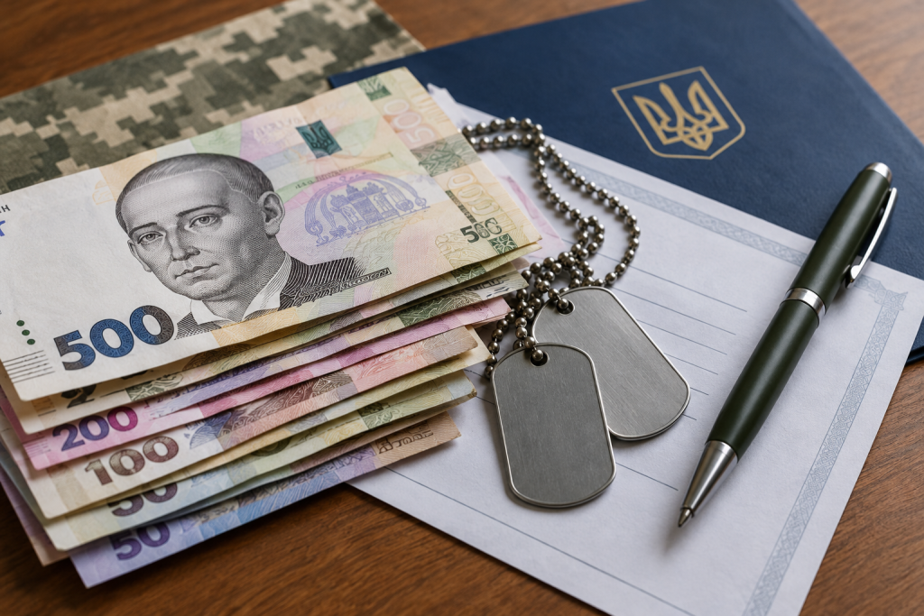Гривні, військовий жетон і документи на столі