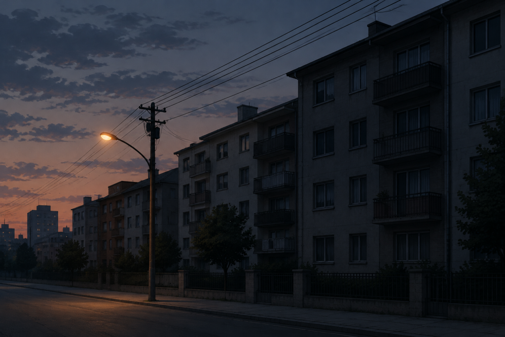 темний міський двір із вимкненими вікнами та одиноким ліхтарем, без людей