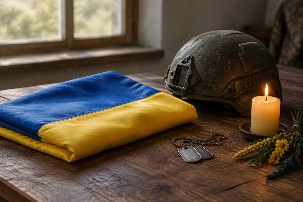 складений український прапор на дерев’яному столі поруч із каскою, жетонами та свічкою