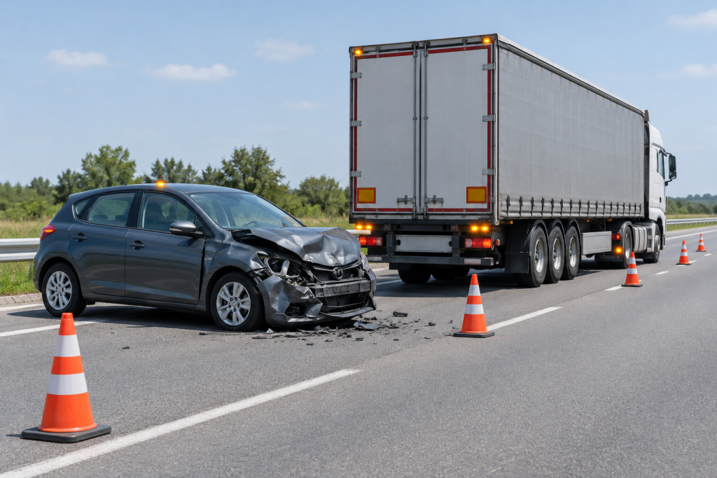 зображення аварії на шосе з легковиком і напівпричепом без людей