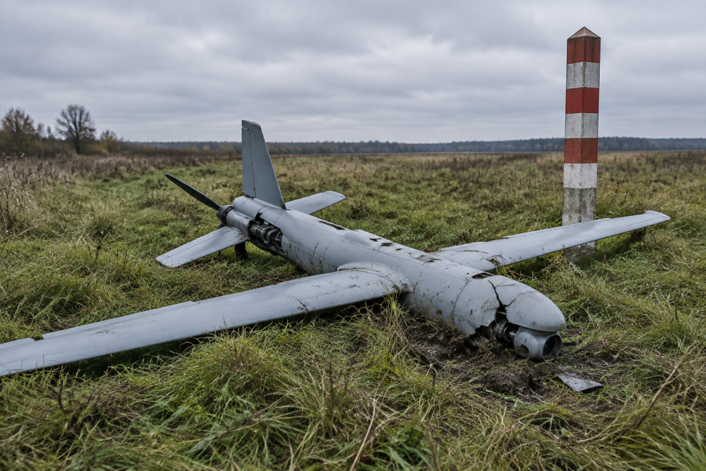 символічний кракований безпілотник у полі біля кордону, без людей