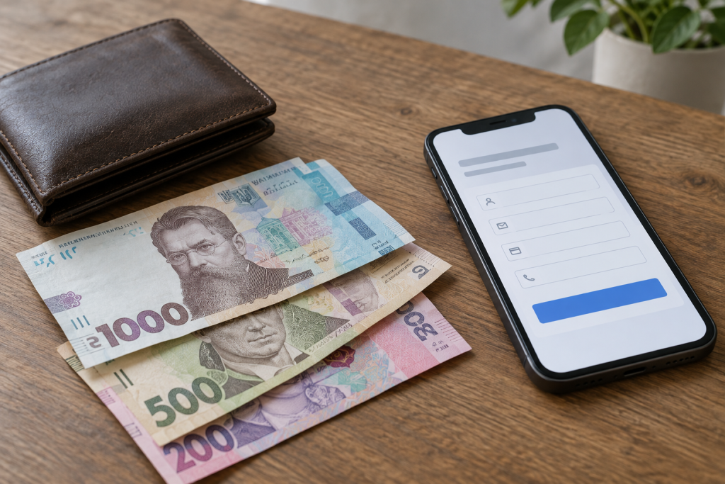 Гаманець, розкидані банкноти й смартфон із формою фейкового сайту на столі