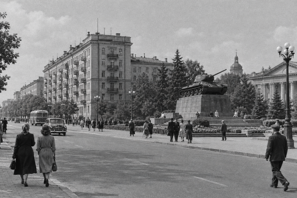 Ретро фото центру Хмельницького: вулиця зі танком і багатоповерхівкою