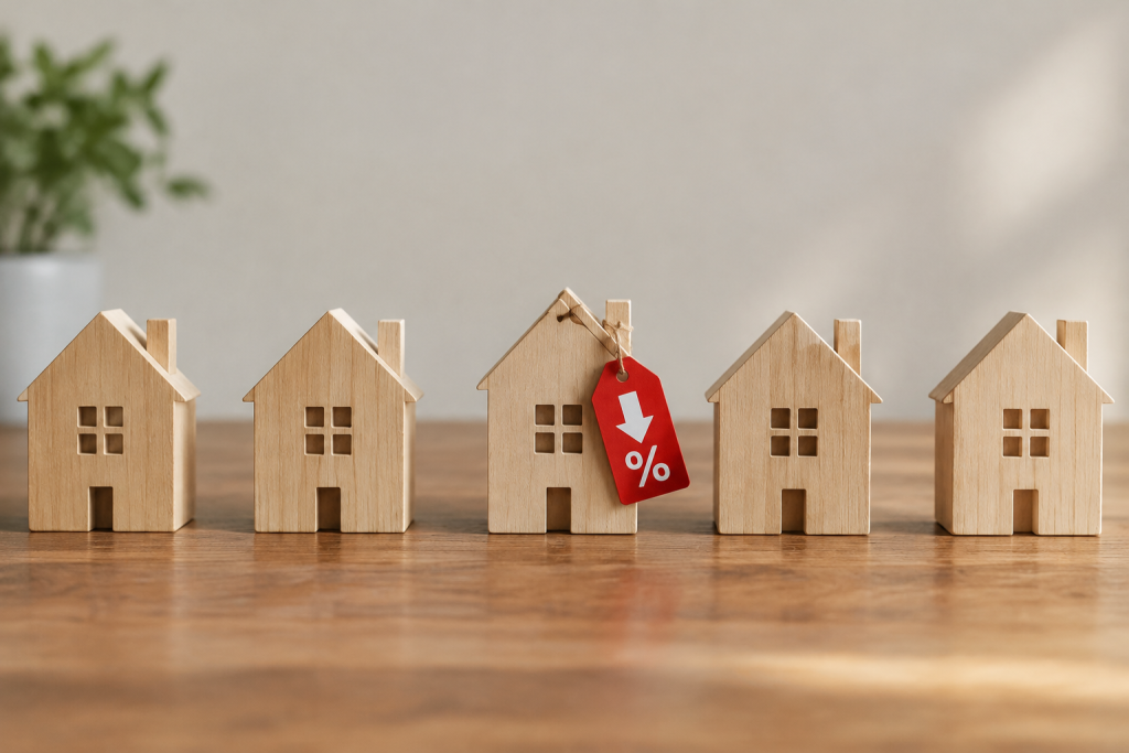 ряд невеликих макетів будинків на столі з одним червоним цінником, що позначає зниження ціни