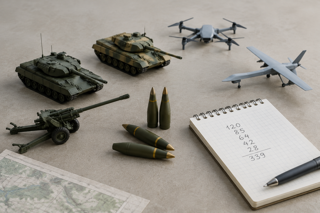 символічна натюрморт із моделей військової техніки та блокнотом із числами