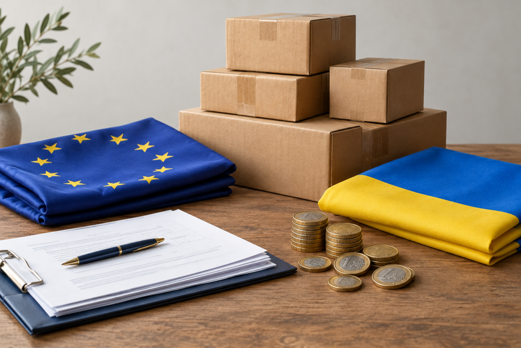 Символічна композиція з пакунків, прапорів ЄС і України та торгових документів