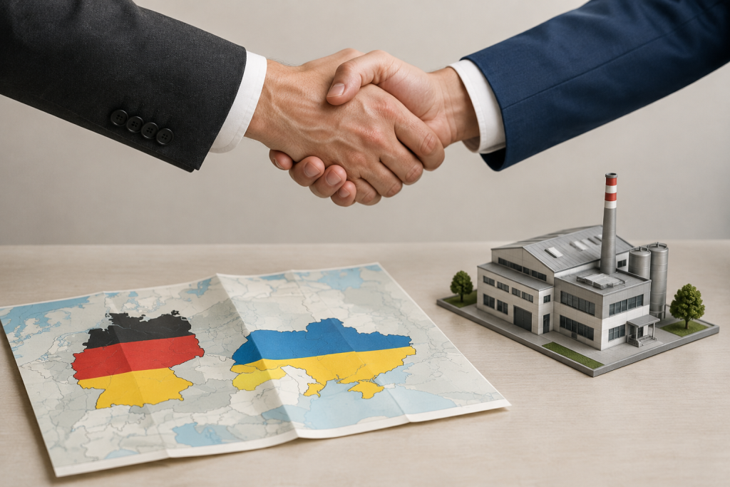 символічна сценка з картою України та Німеччини, моделлю заводу й рукостисканням