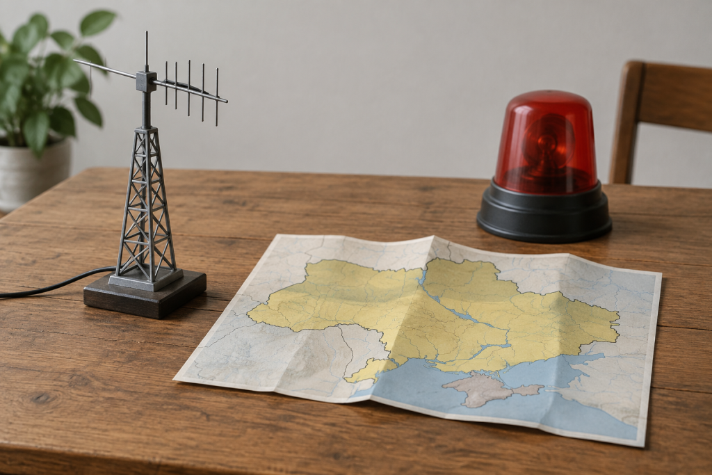 символічна сцена зі стільницею, моделлю антени, складеною картою України і вимкненою сиреною