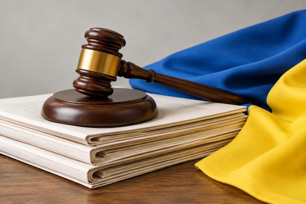Символічна сцена: молоток судді на паперах у кольорах українського прапора