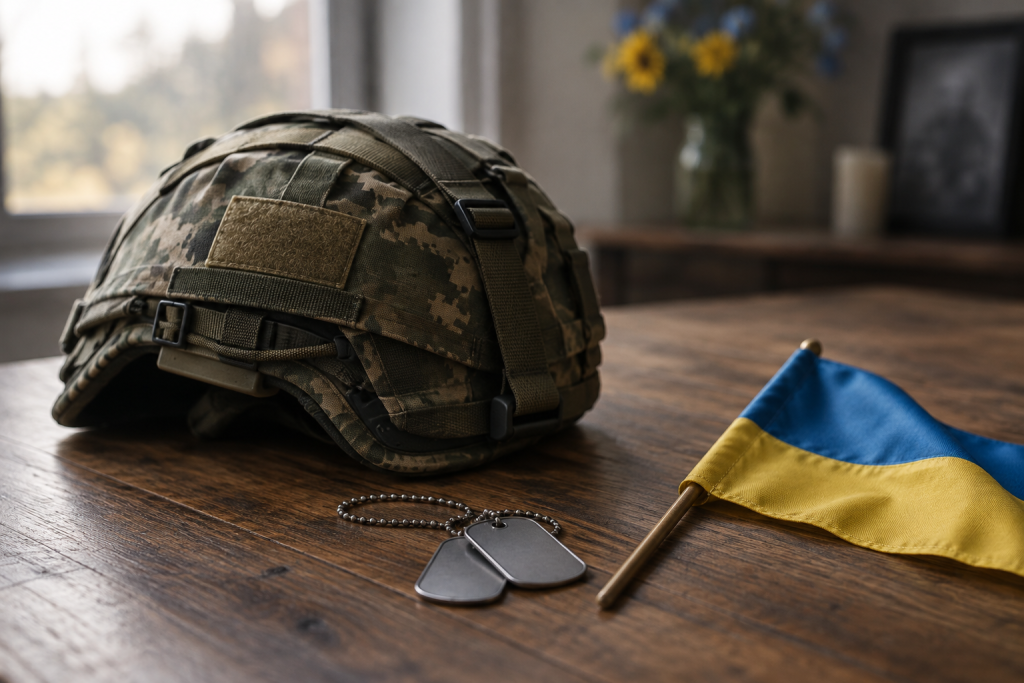 Складана військова каска на деревʼяному столі поруч зі жетонами та маленьким прапорцем України