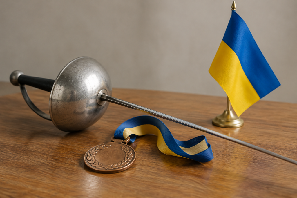 Шпага та бронзова медаль на столі поруч із маленьким прапорцем України