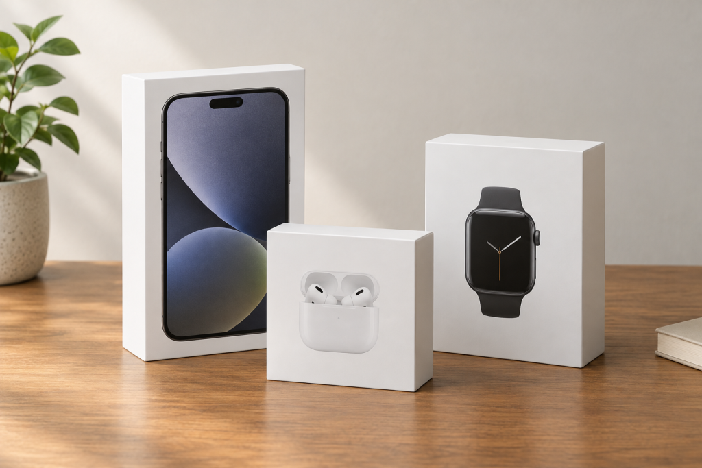 зображення запакованих коробок зі смартфонами, навушниками й годинником Apple на столі