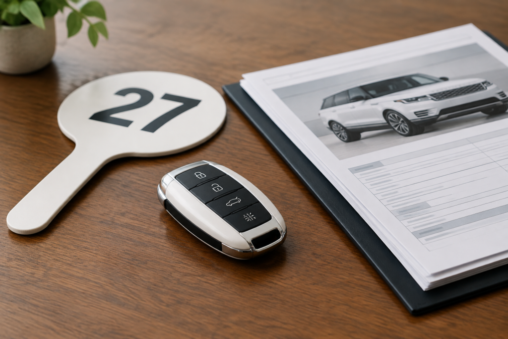 ключі від білого кросовера Audi Q7 на столі з документами та молотком аукціону
