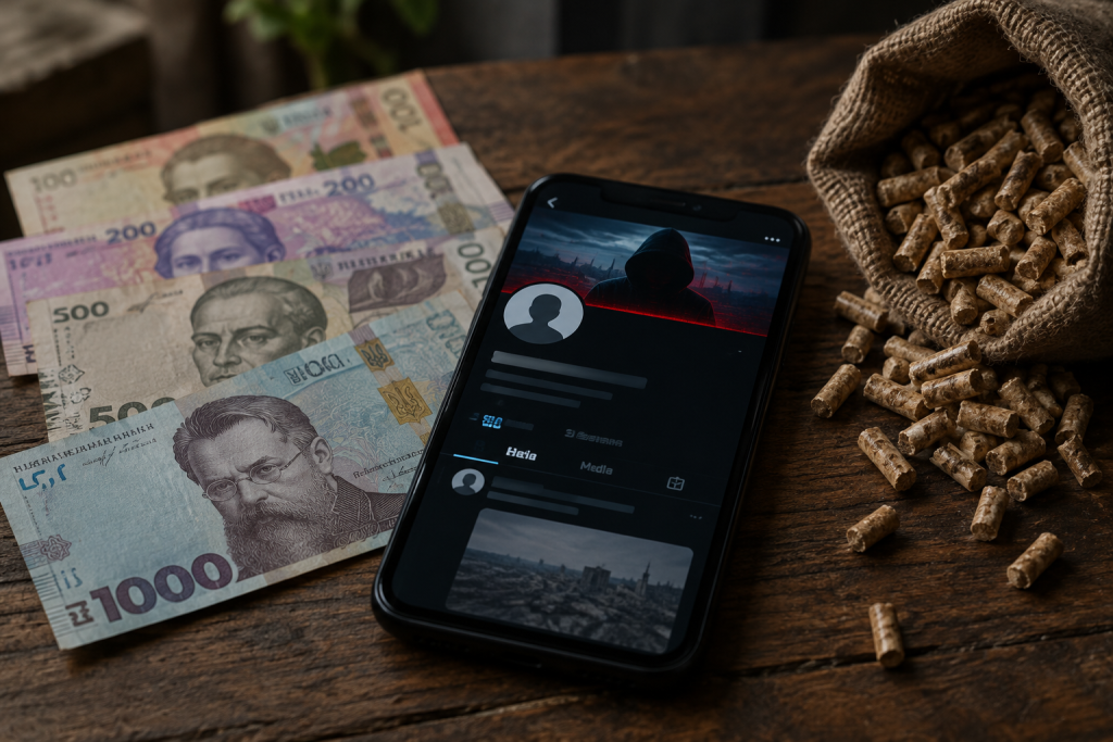 символічна сценка: зламаний акаунт на смартфоні, розсипані гроші й мішечок пелетів на столі