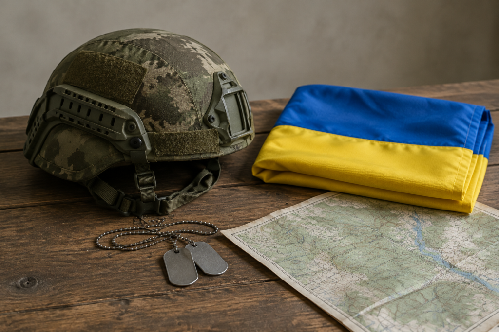 символічна натюрморт із військовим шоломом, складеним українським прапором і жетонами