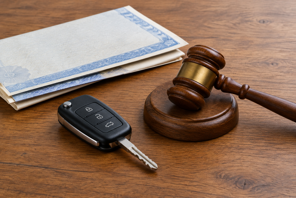 ключ від автомобіля поруч із молоточком судді та паперами на дерев’яному столі