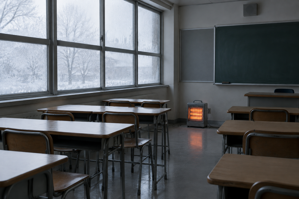 порожній клас з обігрівачем і підмерзлим вікном