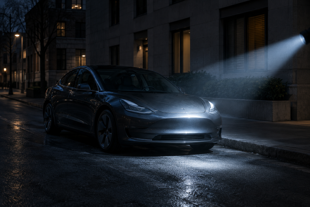 символічна сцена: Tesla на затемненій міській вулиці вночі, без людей