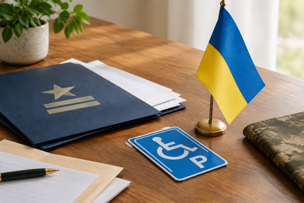 Символічна сцена: документи для ветерана, дозвіл на паркування і невеликий прапор України на столі