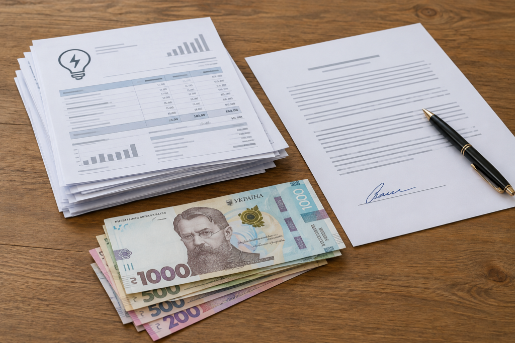 стилізована сцена зі счетами за електроенергію, договором та гривнями на столі
