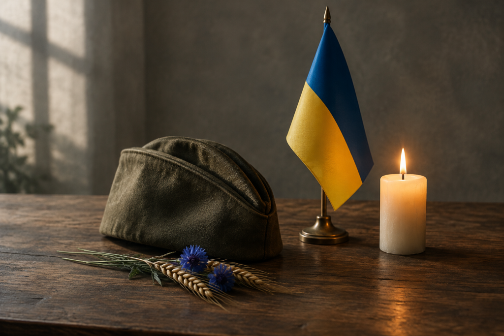 складена військова кашкетка, маленький прапорець України й запалена свічка на дерев'яному столі