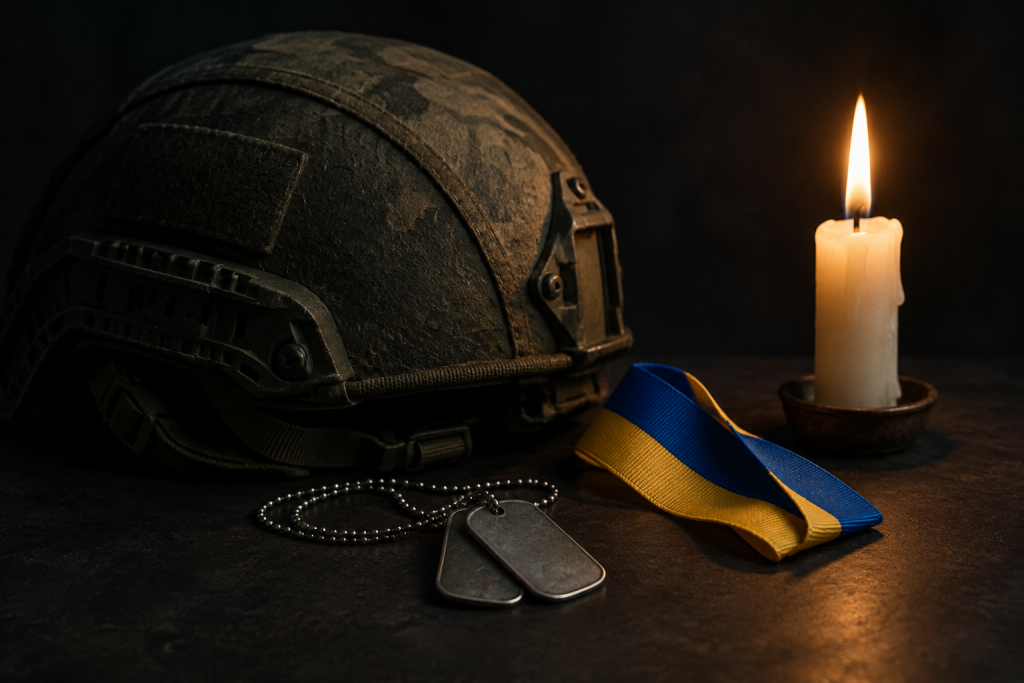 символічна сцена: шолом, жетон і синьо‑жовта стрічка на темному тлі