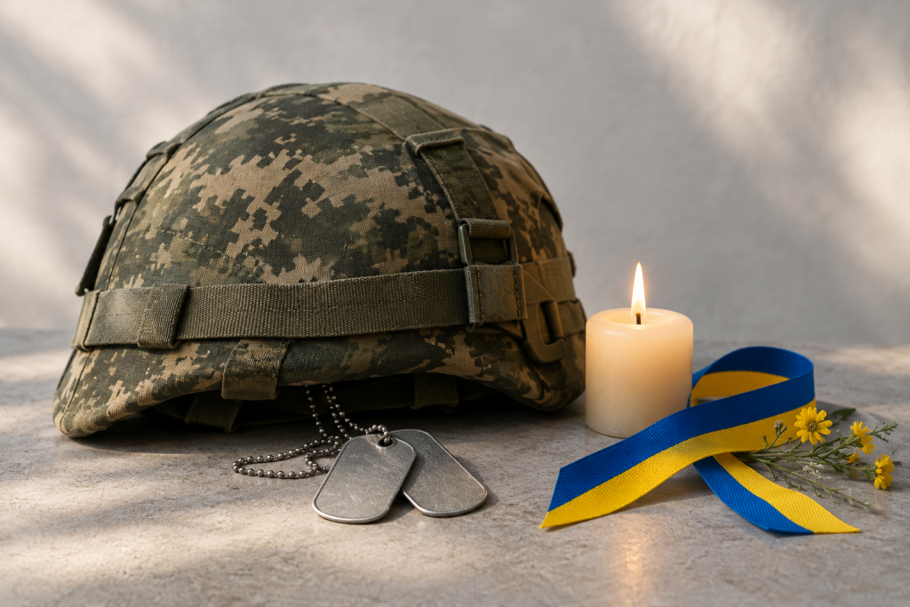 символічний натюрморт із шоломом, жетоном і синьо‑жовтою стрічкою