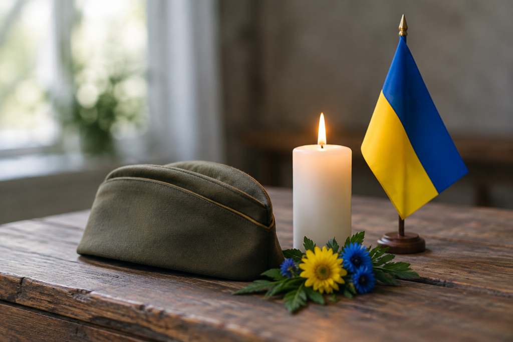 скромна похоронна композиція: складений військовий кашкет, запалена свічка і невеликий прапор України на дерев’яному столі