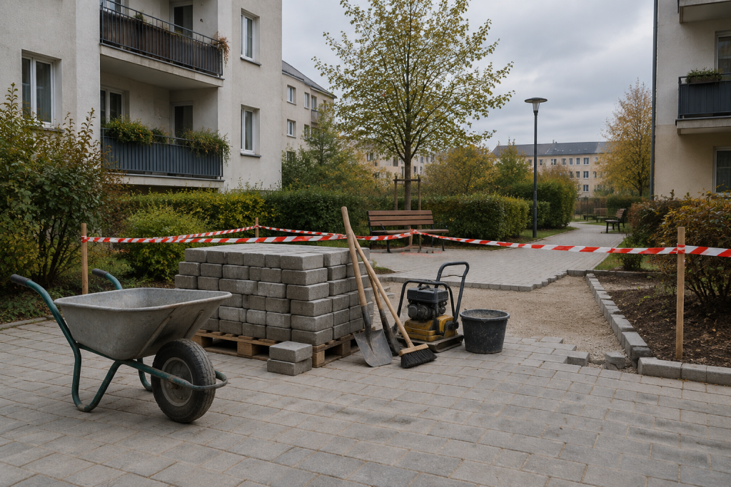 порожній двір з будівельними матеріалами й попереджувальною стрічкою, без людей