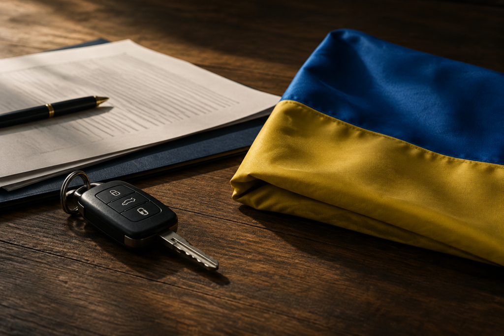 символічна натюрморт із ключем від авто, юридичними документами та складеним українським прапором