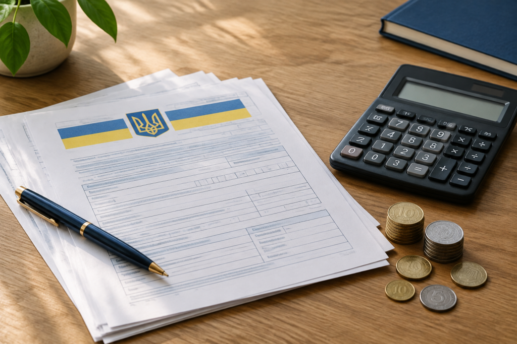стилізована сцена: податкові документи, калькулятор і монети на столі