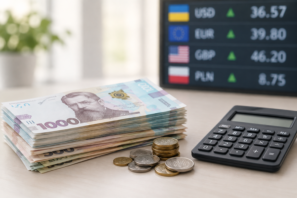 шар українських банкнот і монет поруч із калькулятором і розмитою табло курсів валют
