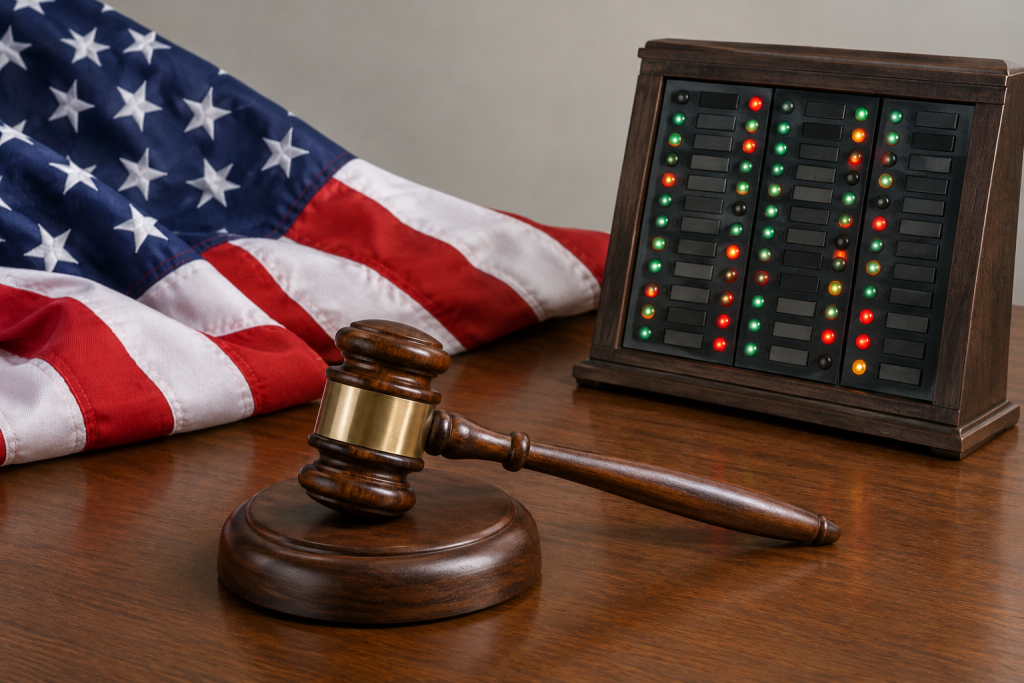 символічна сцена з прапором США, молотком і табло голосування