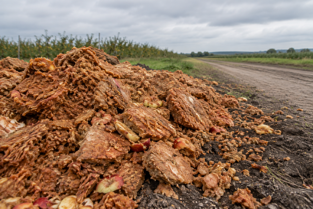 купка яблучної вичавки на полі біля польової дороги