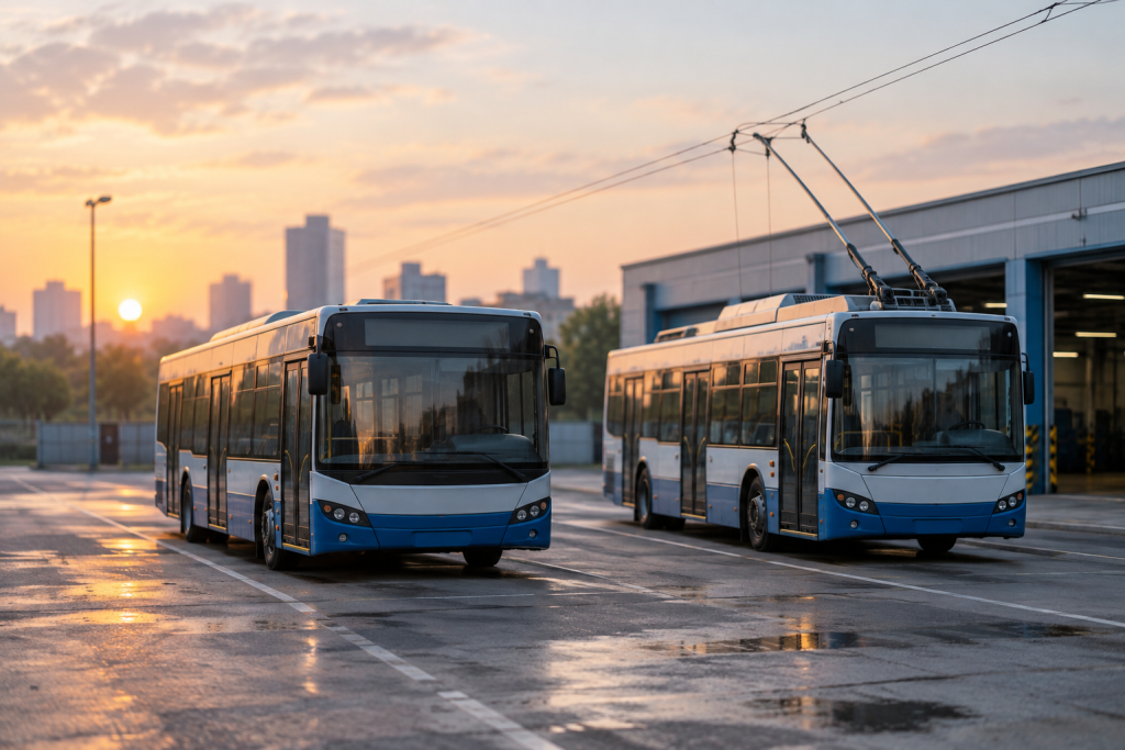 Автобус і тролейбус біля депо на світанку, без людей