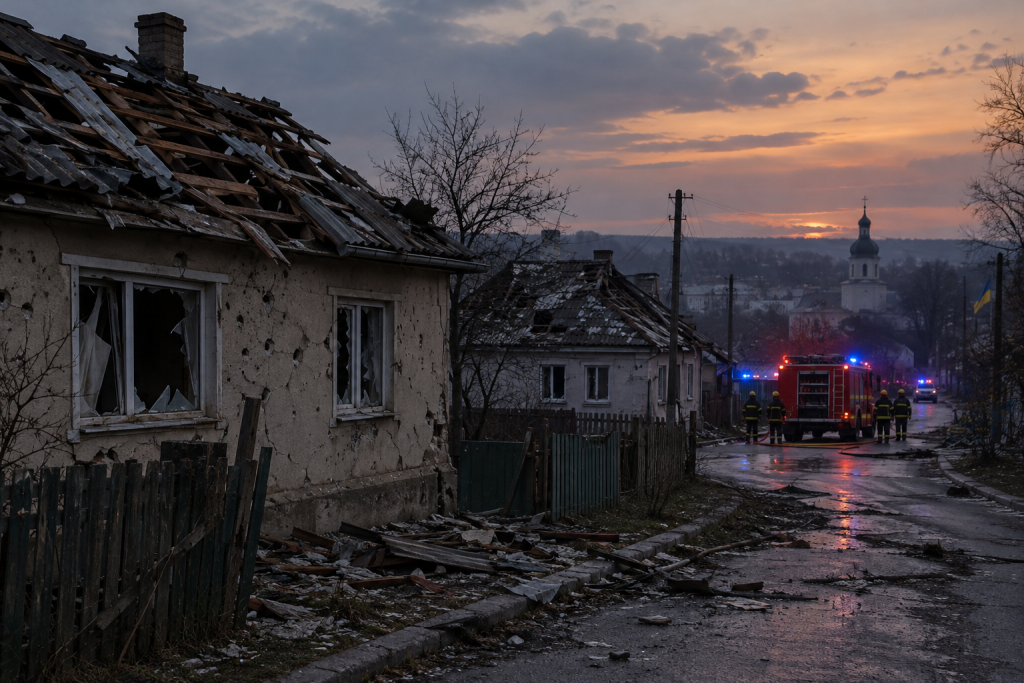 символічна сцена: дахи з пошкодженнями, розбиті вікна та рятувальники на тлі