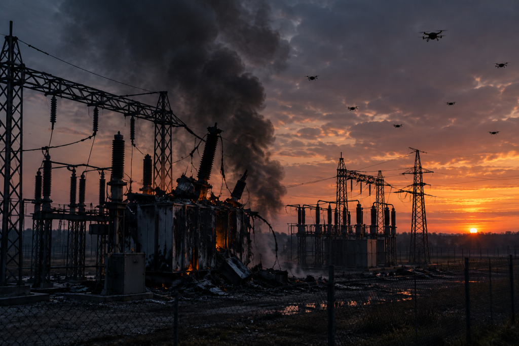 символічне зображення ушкодженої енергетичної інфраструктури на заході, без людей