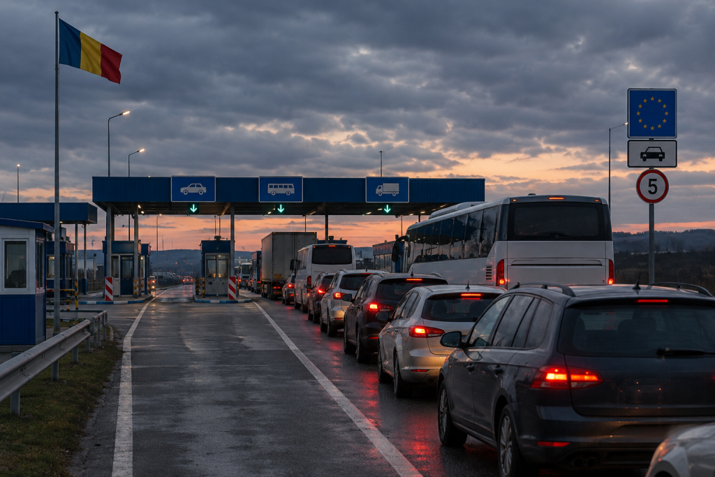 черги автомобілів і автобусів на прикордонному пропуску без впізнаваних облич