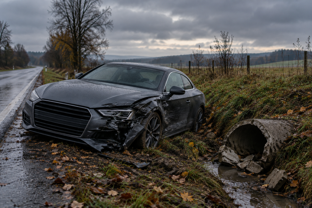 Пошкоджений Audi A5 біля бетонної труби на узбіччі сільської дороги, без людей