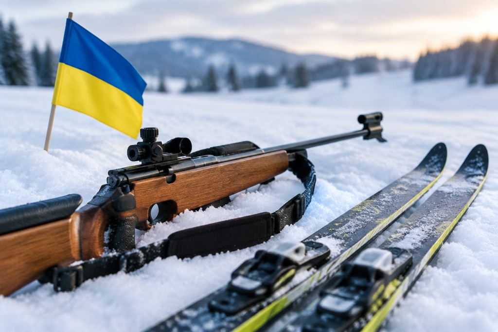 біатлонна гвинтівка і лижі на снігу поруч із невеликим українським прапорцем, без людей