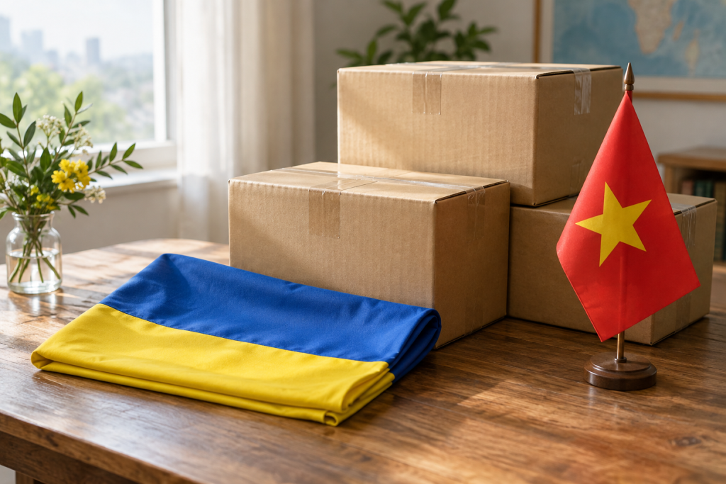 Символічна сцена з коробками гуманітарної допомоги та прапорами України і В'єтнаму